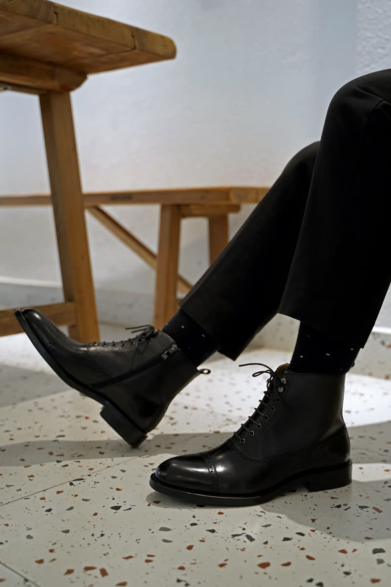 Black Lace Up Side Zip Military Style Leather Combat Boots | Hides&Cult