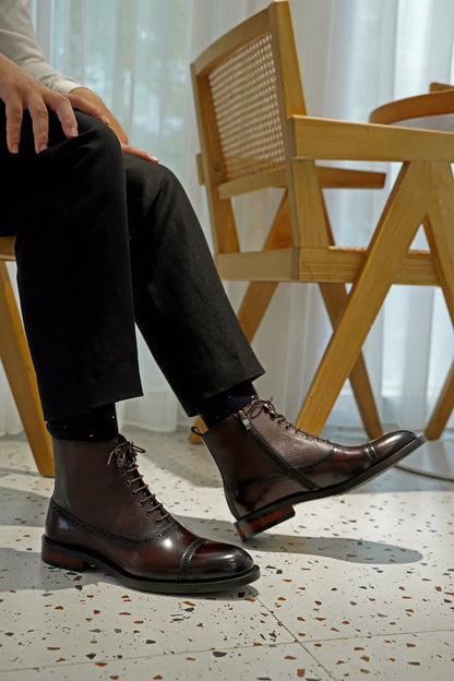 Black Lace Up Side Zip Military Style Leather Combat Boots | Hides&Cult