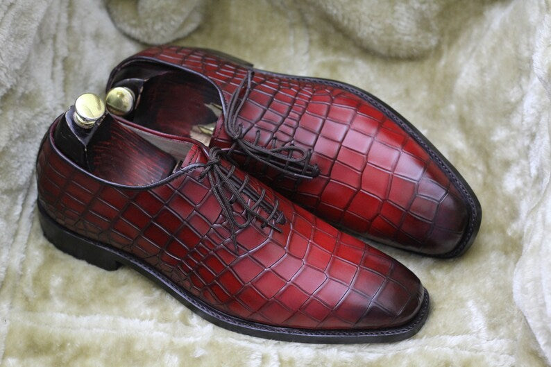 Croco Textured Lace Up Shoes - Dark Red | Hides&Cult