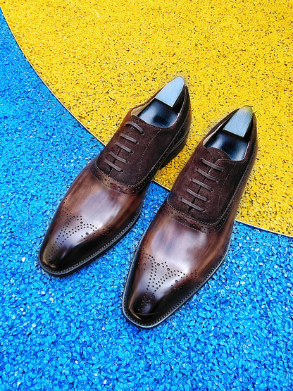 Patina Brown - Suede & Leather Brogue Derby Oxfords - Italian Square Toe | Hides&Cult