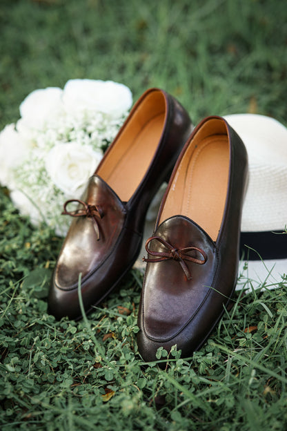 Dark Brown Hand Painted Patina Casual Wedding Tassel Slip On Loafers | Hides&Cult