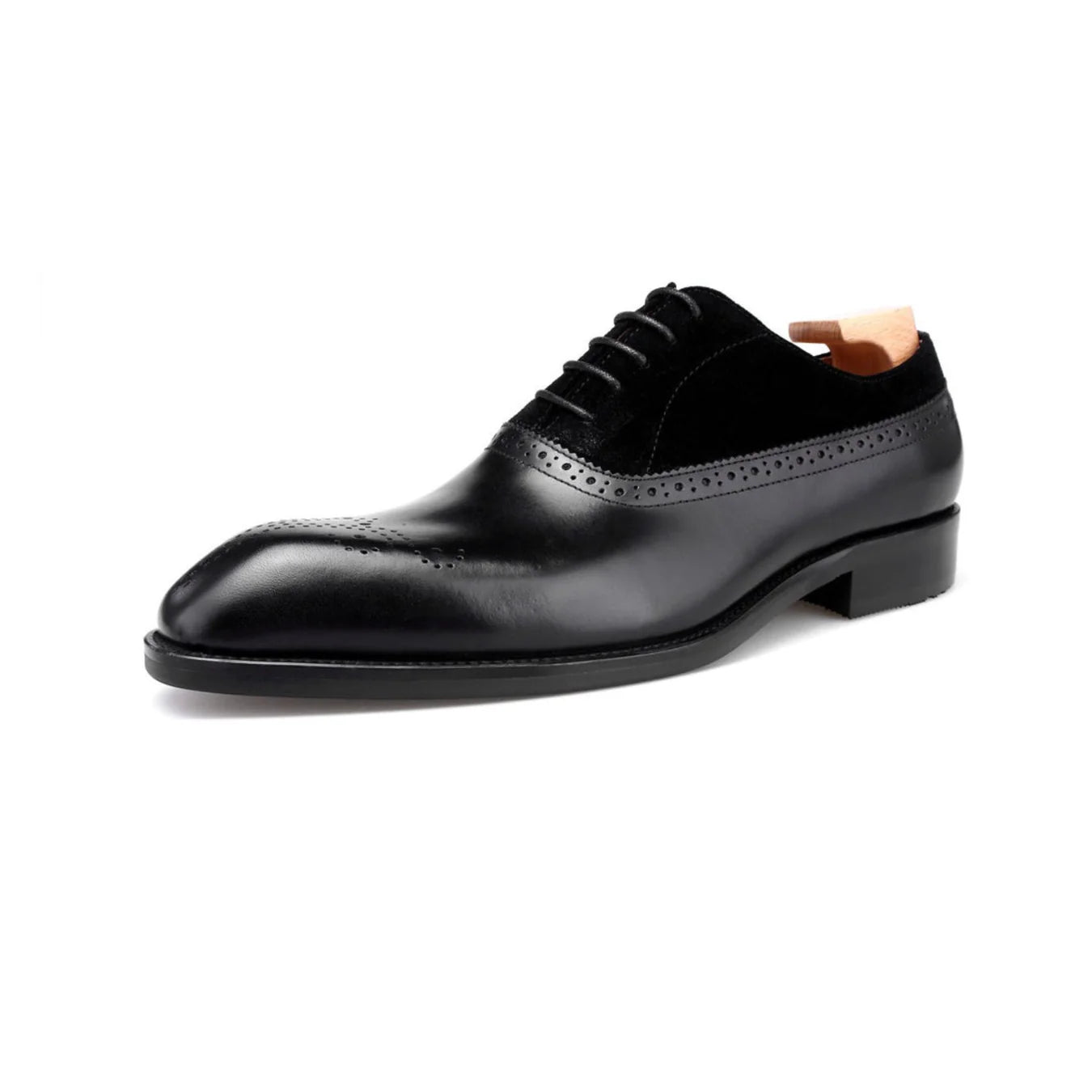 Black - Suede & Leather Brogue Derby Oxfords - Italian Square Toe | Hides&Cult
