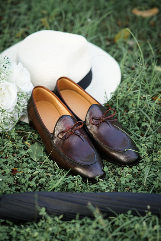 Dark Brown Hand Painted Patina Casual Wedding Tassel Slip On Loafers | Hides&Cult