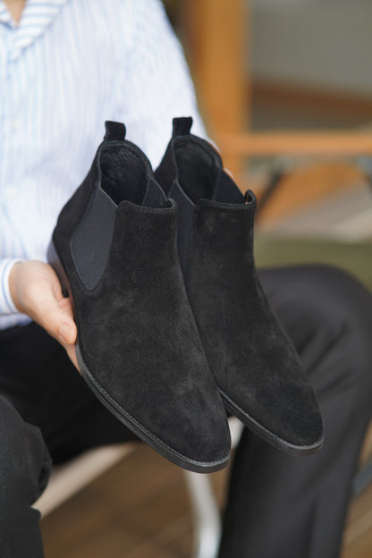 Black Suede Side Elastic Genuine Leather Boots - CLEARANCE EVENT