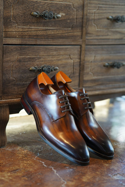 Tan Patina Stroke Finish Effect Derby Lace Up Shoes - Pointed Toe | Hides&Cult