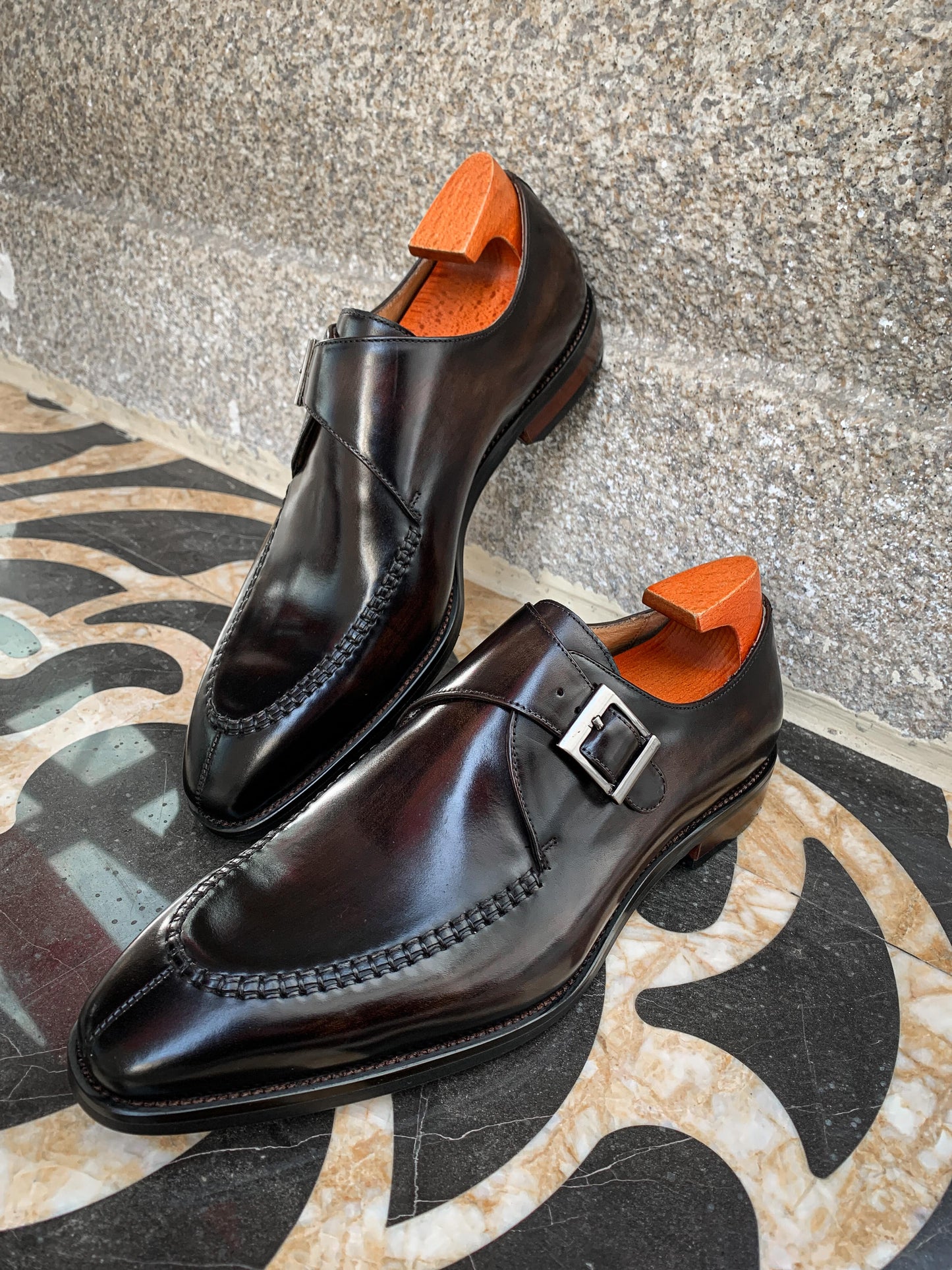 Brown Patina Single Monk Strap Shoes - CLEARANCE EVENT