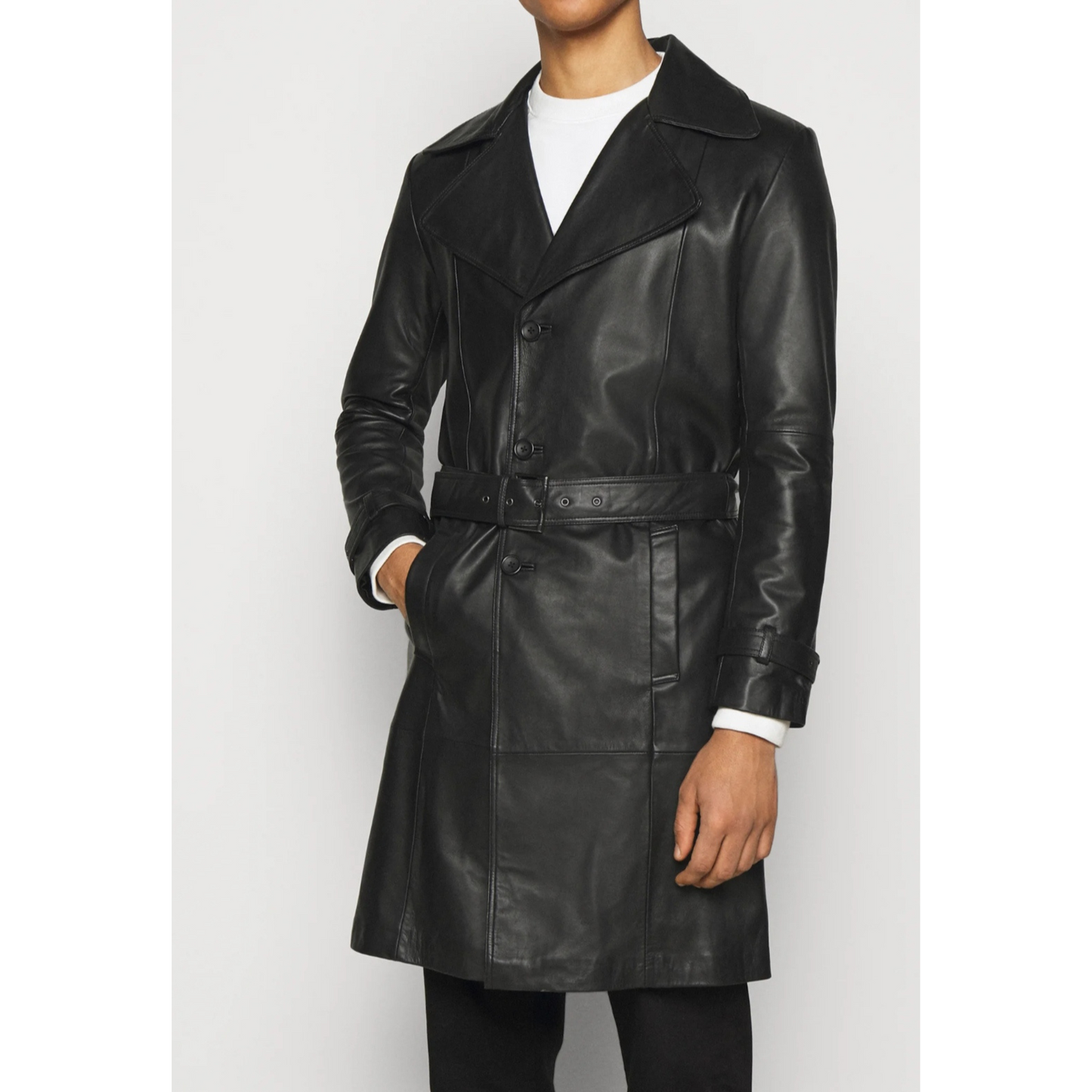 Front view of men’s black belted genuine leather trench coat, full-length car coat handcrafted from premium full-grain leather