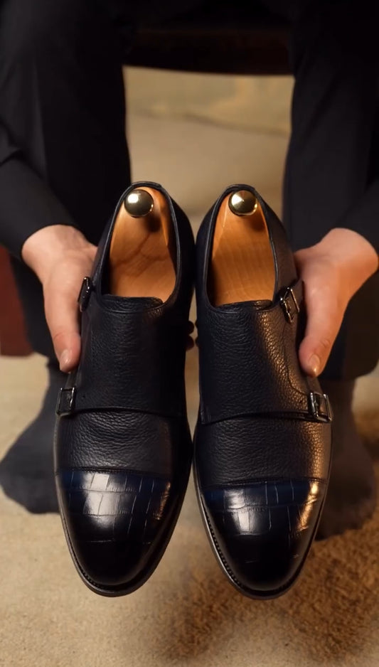 Black Double Monk Strap Milled - Croc Two Tone Shoes | Hides&Cult