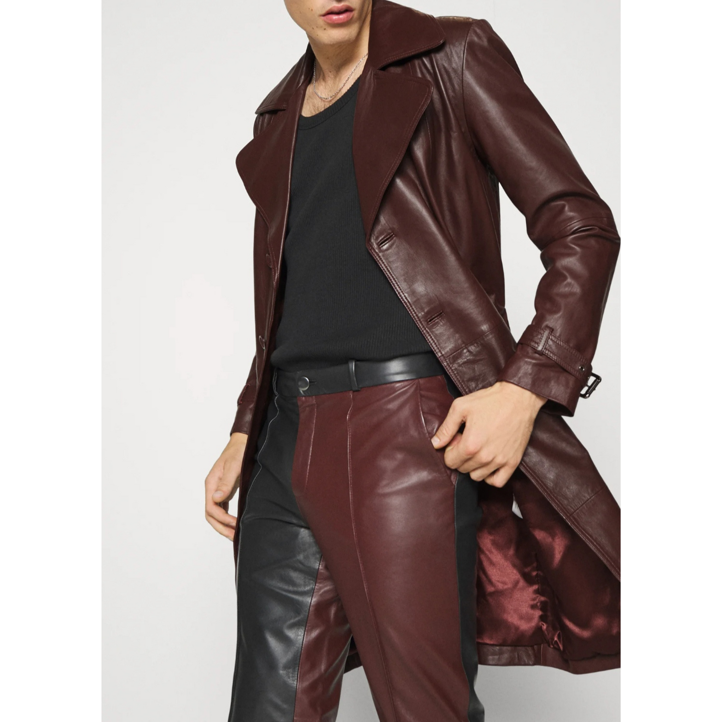 Full view of men’s Burgundy genuine leather trench coat with belt, long car coat design made from full-grain leather. Stylish and durable by Hides & Cult.