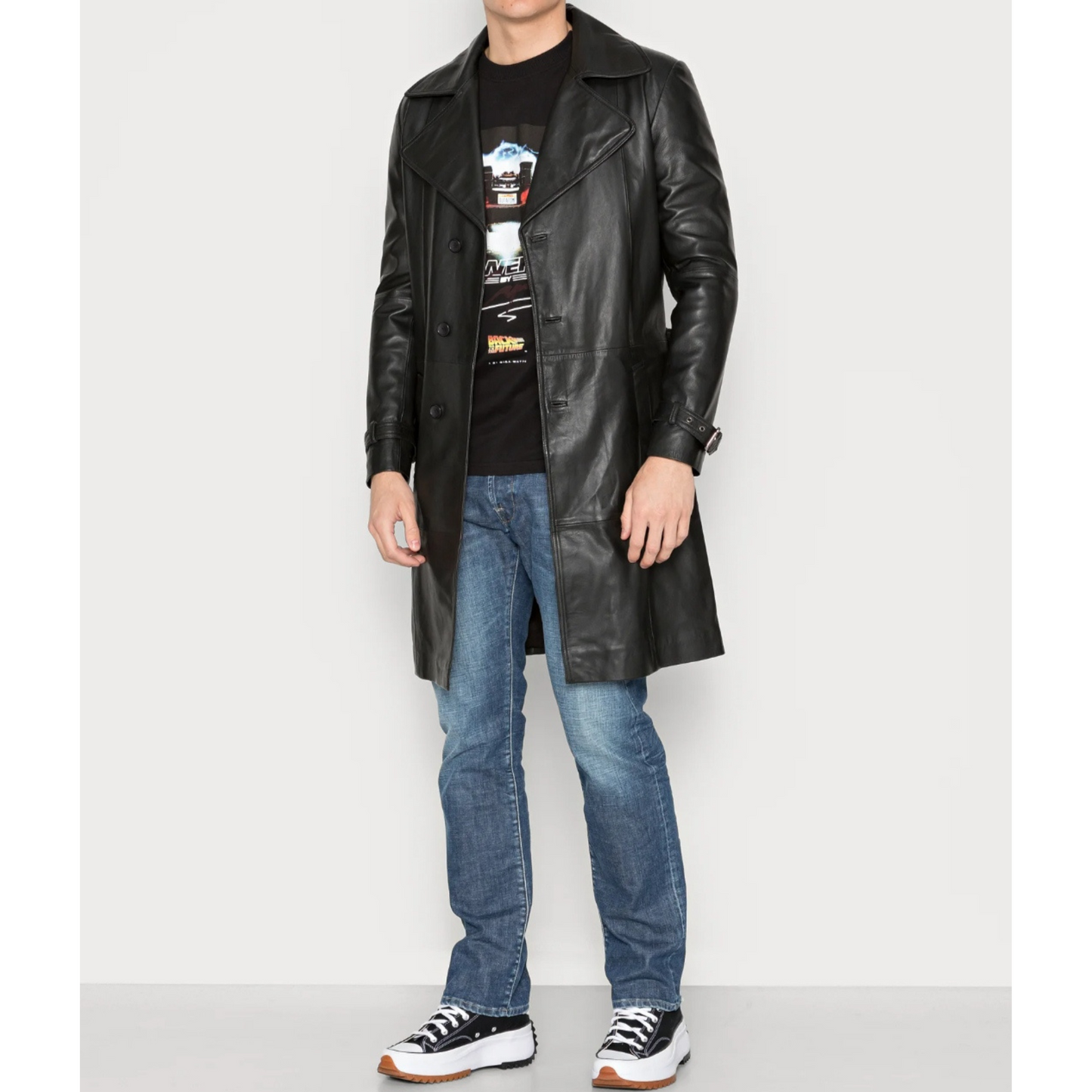 Full view of men’s black genuine leather trench coat with belt, long car coat design made from full-grain leather. Stylish and durable by Hides & Cult.
