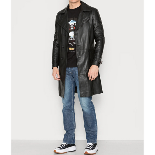Full view of men’s black genuine leather trench coat with belt, long car coat design made from full-grain leather. Stylish and durable by Hides & Cult.
