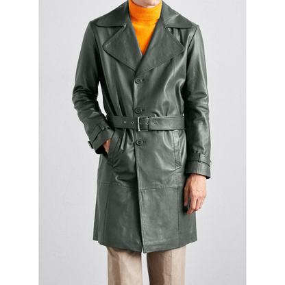 Full view of men’s green genuine leather trench coat with belt, long car coat design made from full-grain leather. Stylish and durable by Hides & Cult.