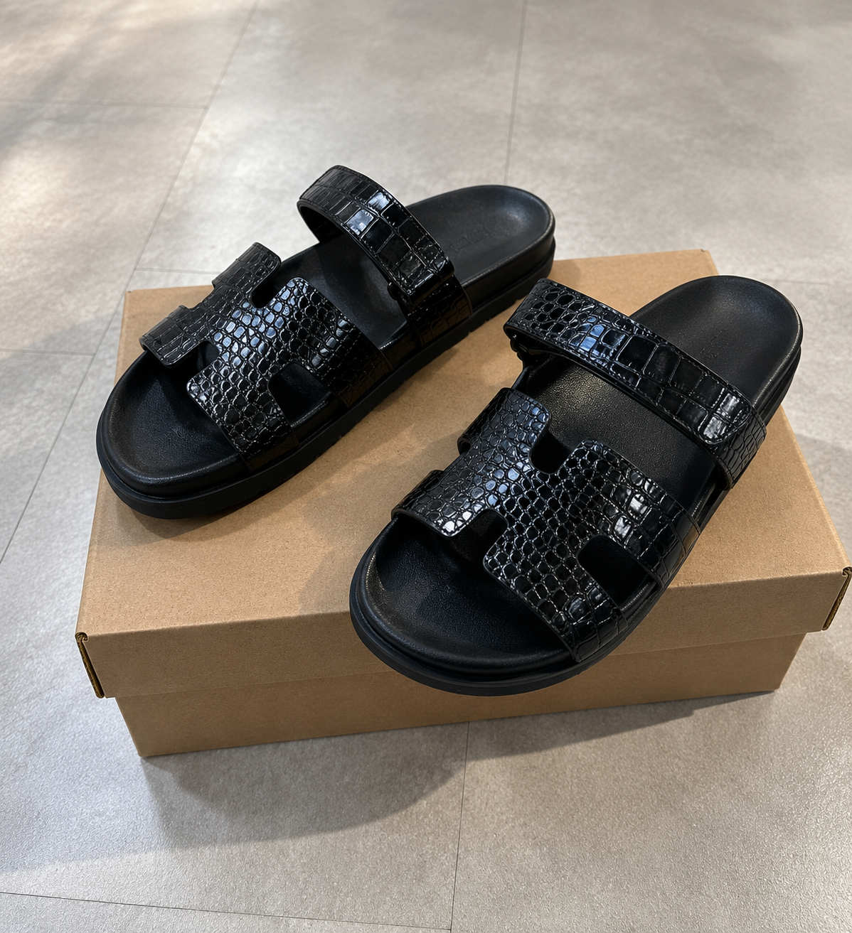 Texas Strap Adjustable Slippers in Black Patent Croco Leather | Hides&Cult