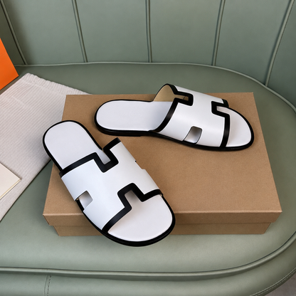 Austin Mens Slippers in Pure White - Black Color blocked Leather | Hides&Cult