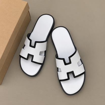 Austin Mens Slippers in Pure White - Black Color blocked Leather | Hides&Cult