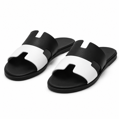 Austin Mens Slippers in White - Black Two Tone Leather | Hides&Cult