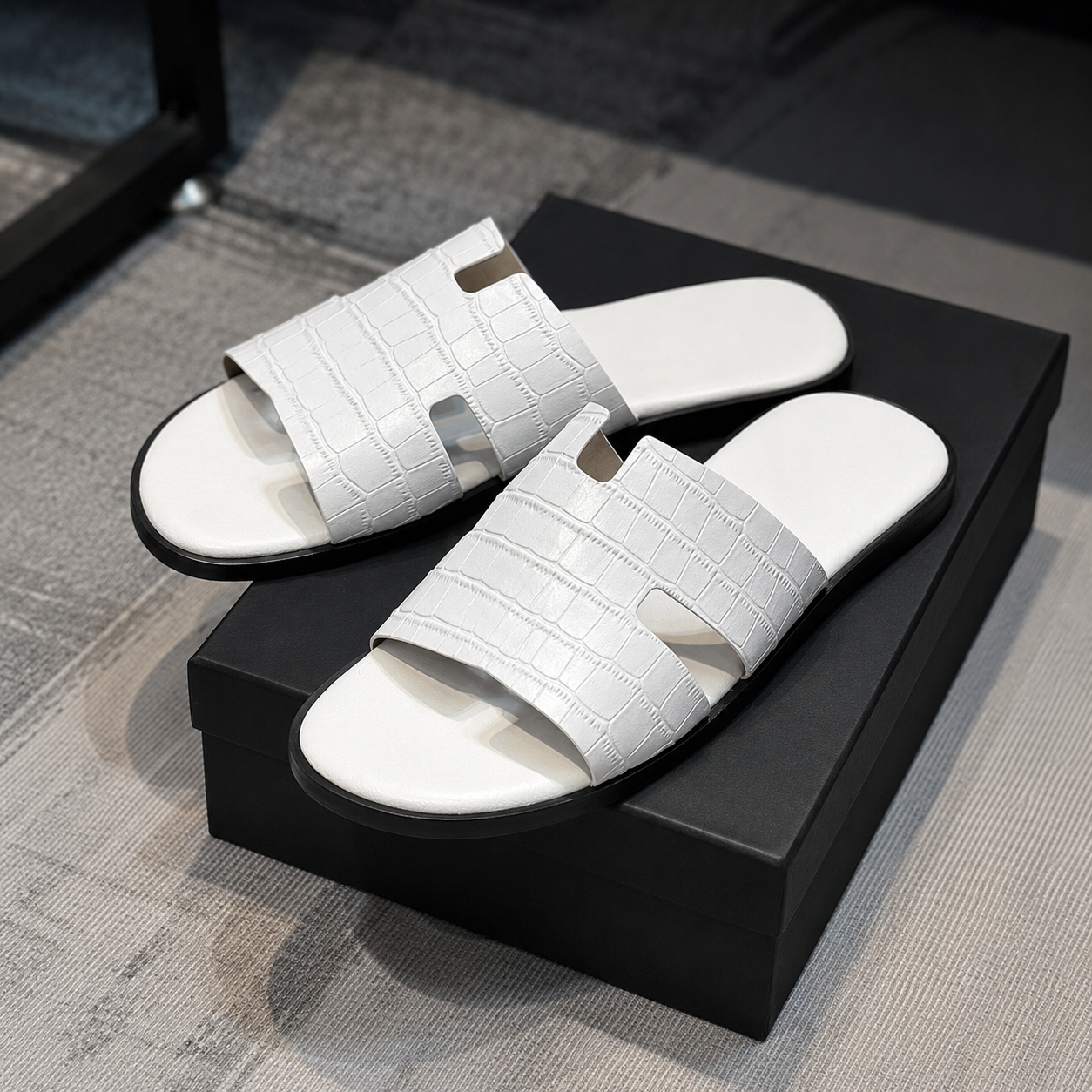 Austin Mens Slippers in White Croco Leather | Hides&Cult