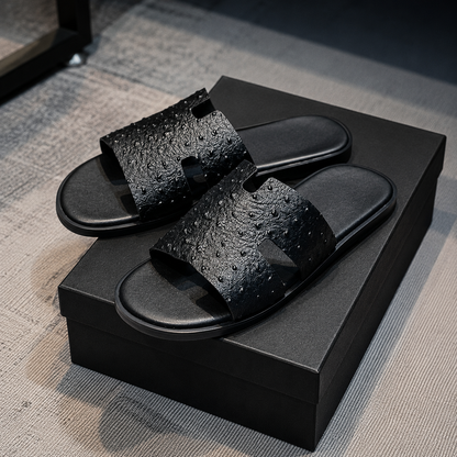 Austin Mens Slippers in Black Ostrich Leather | Hides&Cult
