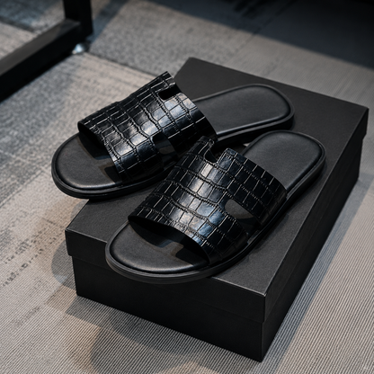 Austin Mens Slippers in Black Croco Leather | Hides&Cult