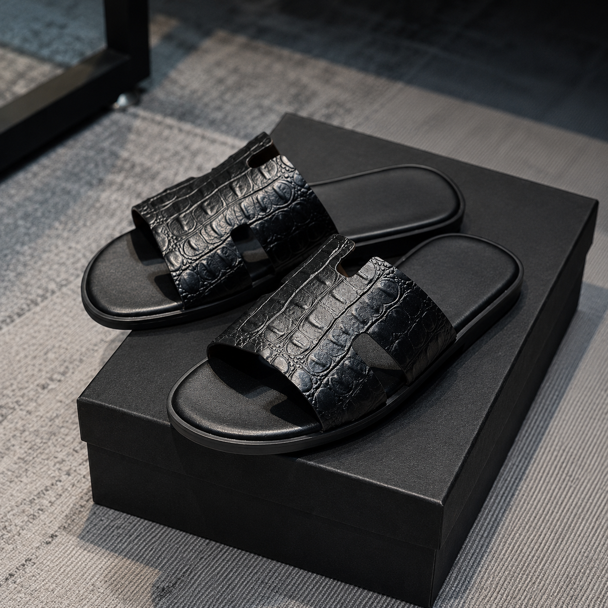 Austin Mens Slippers in Black Reptile Leather | Hides&Cult
