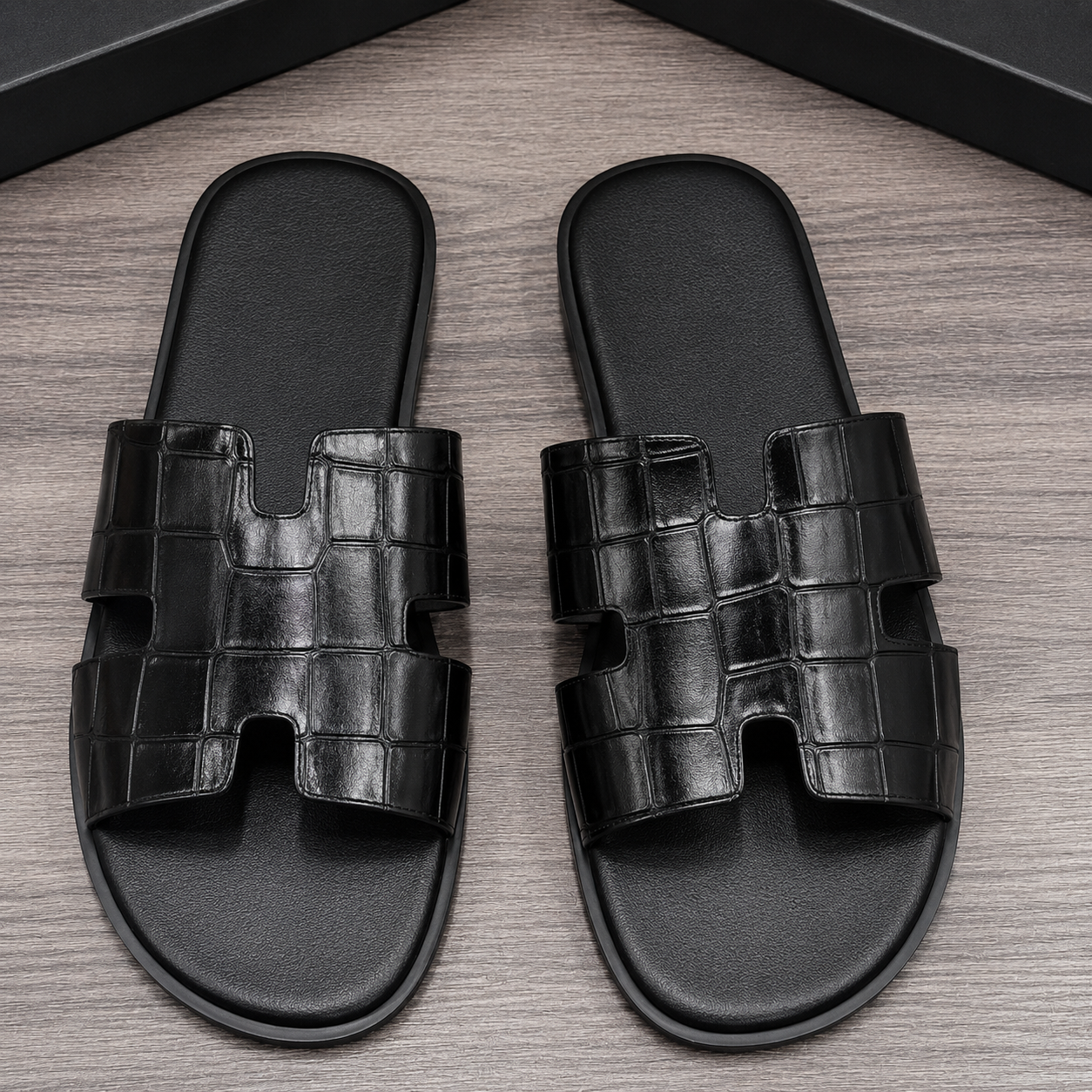 Austin Mens Slippers in Black Croc Leather | Hides&Cult