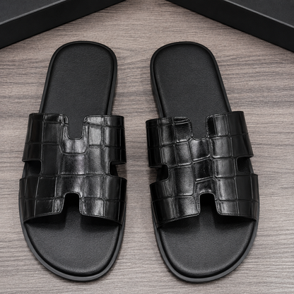 Austin Mens Slippers in Black Croc Leather | Hides&Cult