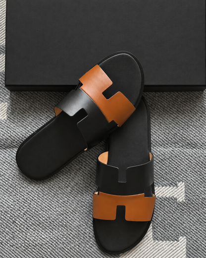 Austin Mens Slippers in Black-Tan Two Tone Leather | Hides&Cult