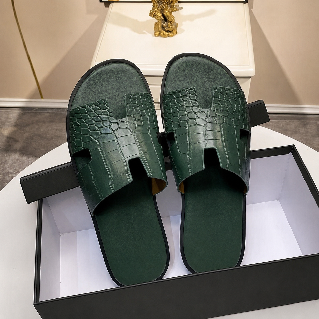 Austin Mens Slippers in Green Croc Leather | Hides&Cult