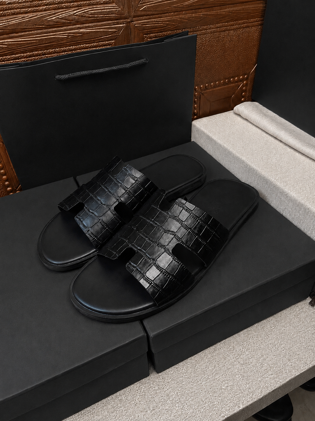 Austin Mens Slippers in Black Croco Leather - H Style | Hides&Cult