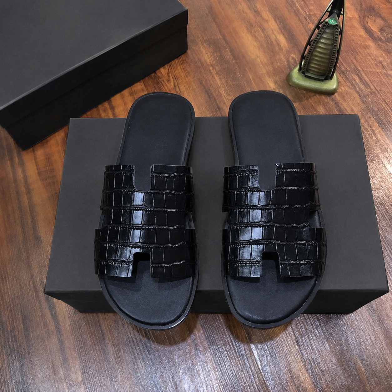 Austin Mens Slippers in Black Croco Leather - H Style | Hides&Cult