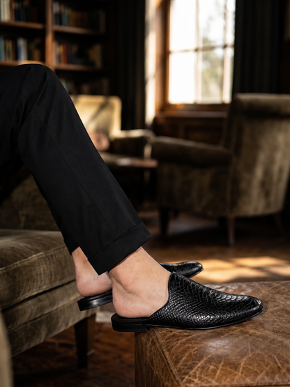 Vegas - Black Python Texture Leather Mules