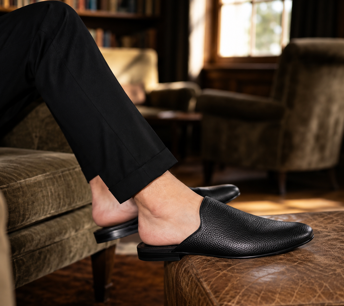 Vegas - Black Milled Texture Leather Mules