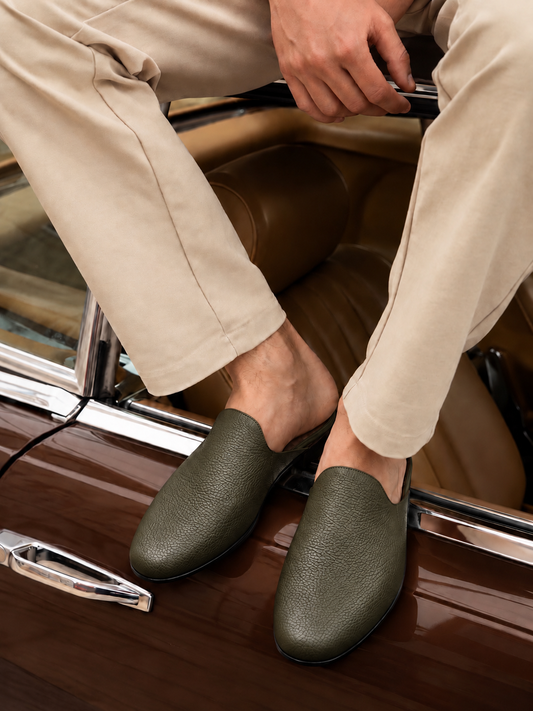 Vegas - Olive Milled Texture Leather Mules