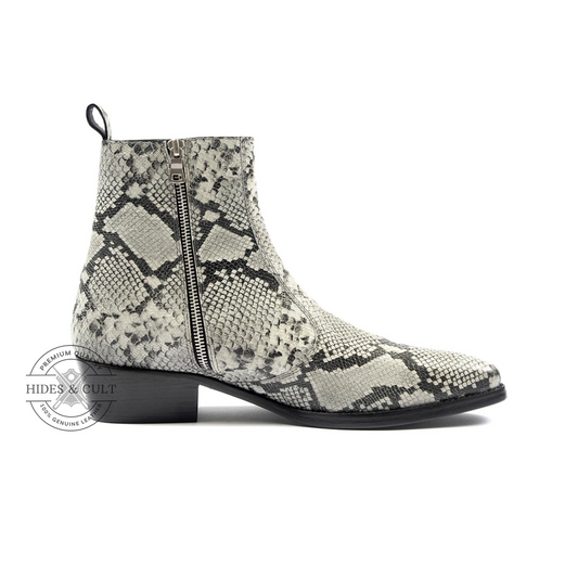 White Snakeskin Genuine Leather Chelsea Boots Cuban Heel Men | HidesandCult