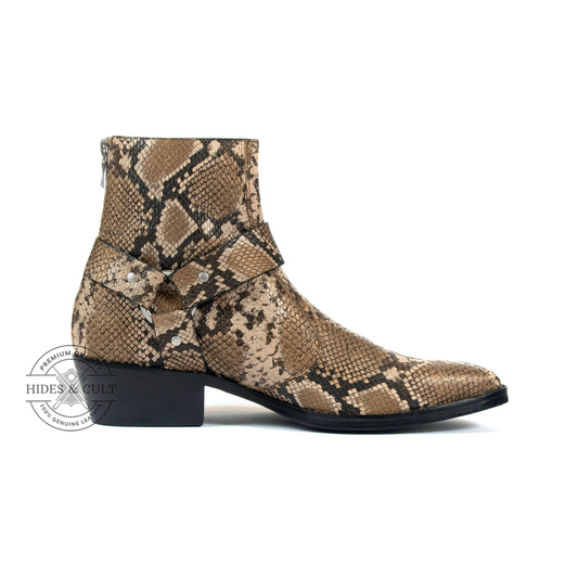 Brown Snakeskin Genuine Leather Harness Chelsea Boots Cuban Heel Men | HidesandCult