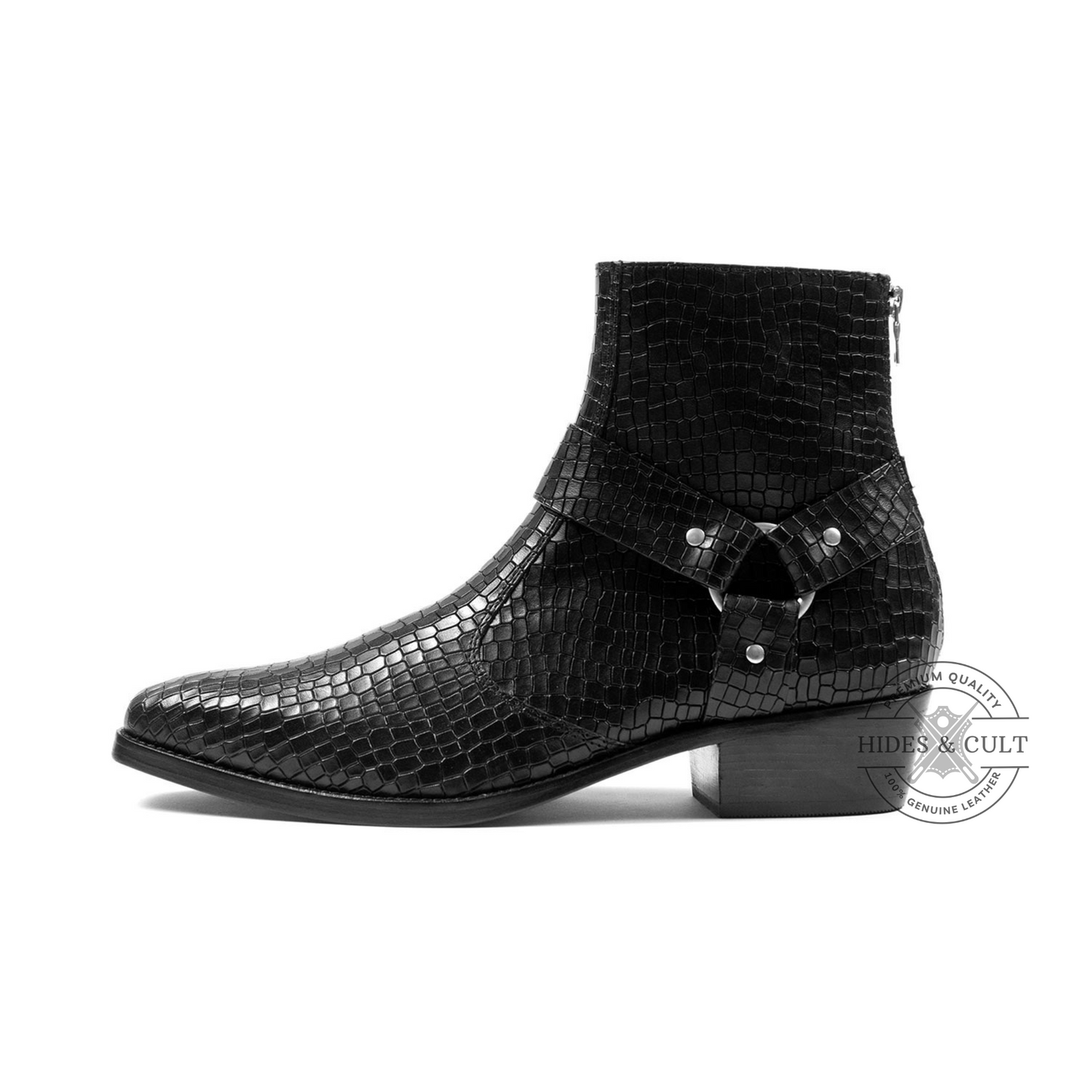Black Snakeskin Genuine Leather Harness Chelsea Boots Cuban Heel Men | HidesandCult
