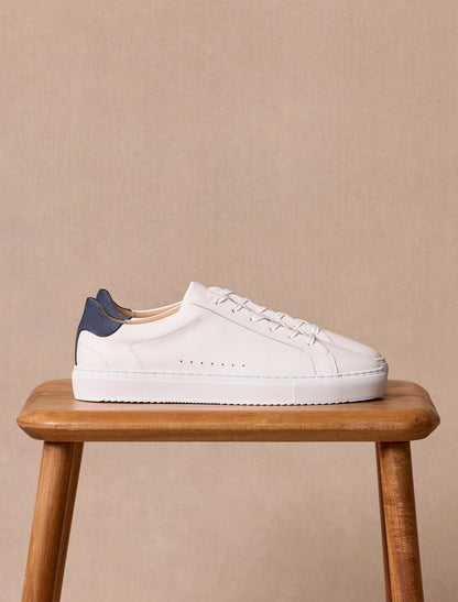 Mens White - Blue Colorblocked Leather Sneakers