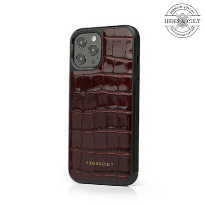 Luxury Glossy Magenta - Burgundy Patent Croc Shockproof Genuine Leather Iphone Case