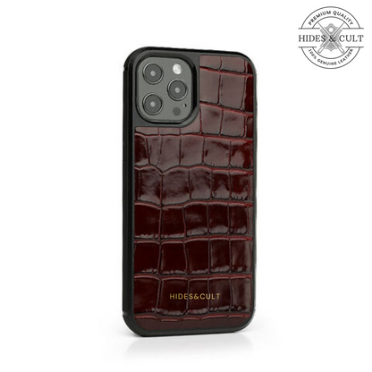 Luxury Glossy Magenta - Burgundy Patent Croc Shockproof Genuine Leather Iphone Case