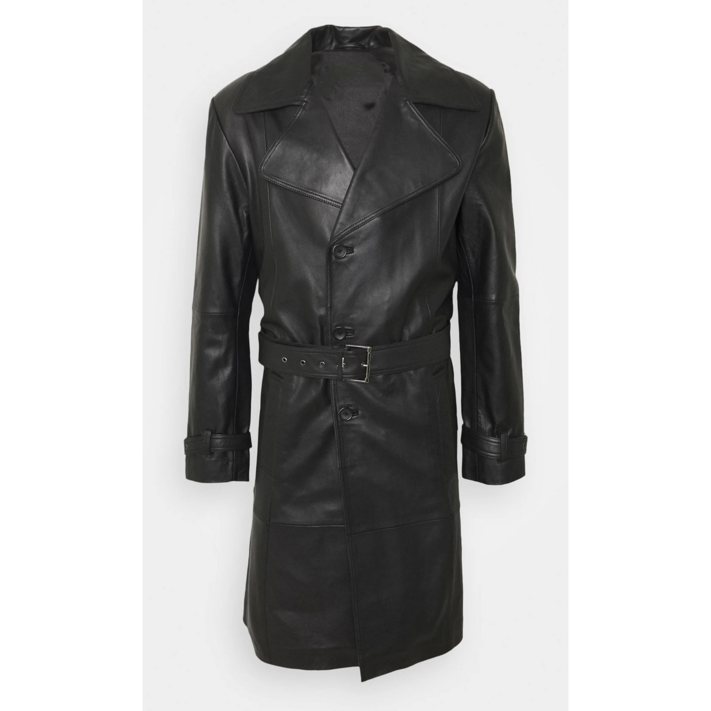 Laid flat view of men’s black belted genuine leather trench coat. Full-grain leather car coat displayed to show structure, belt, and design by Hides & Cult