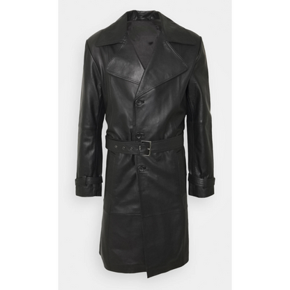 Laid flat view of men’s black belted genuine leather trench coat. Full-grain leather car coat displayed to show structure, belt, and design by Hides & Cult