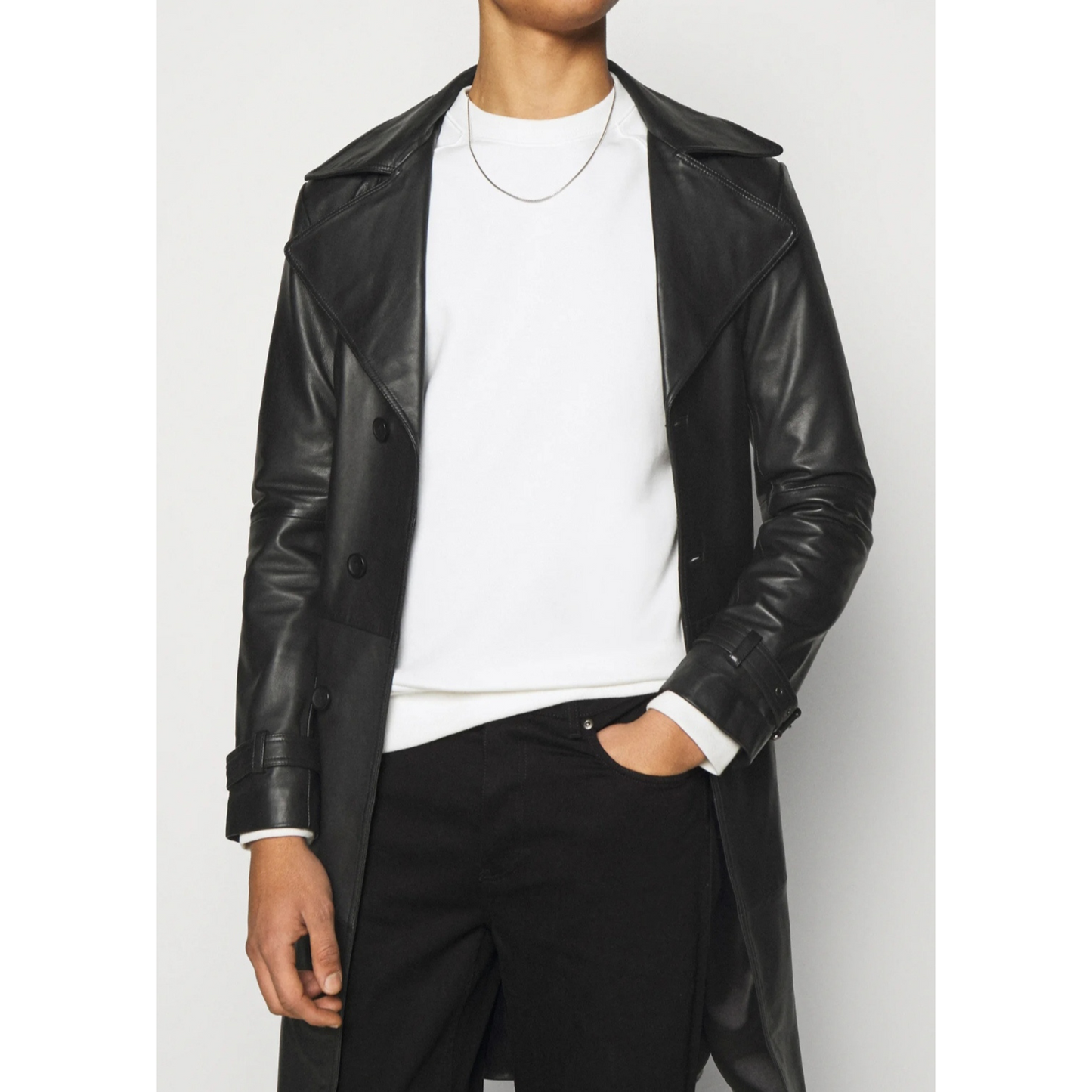 Open front view of men’s black leather trench coat with belt, showing premium lining and craftsmanship. Full-grain car coat by Hides & Cult.