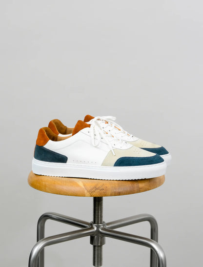 Mens White & Rust Brown - Blue Colorblocked Genuine Leather Sneakers