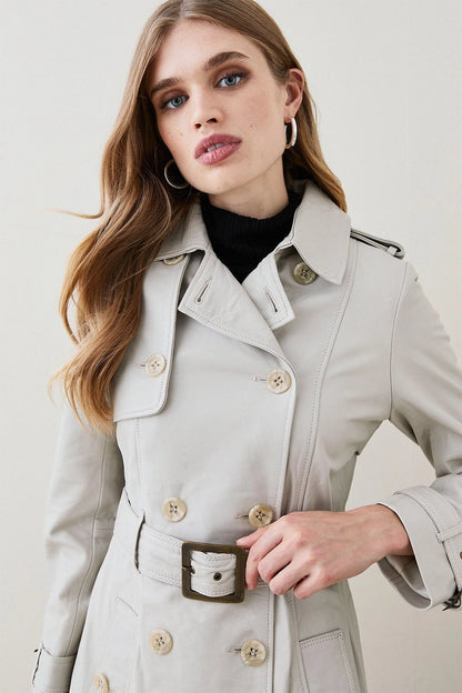 Womens Off White Double Breasted Real Leather Trench Coat