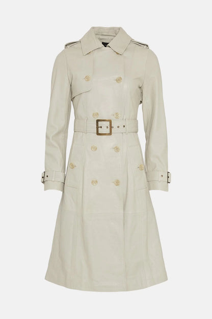 Womens Off White Double Breasted Real Leather Trench Coat