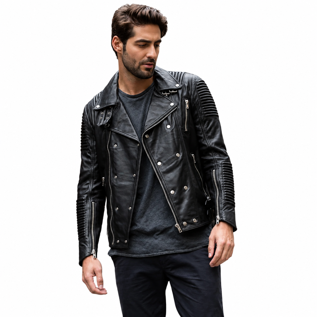 Mens Black Slim Fit Motorcycle Biker Leather Jacket