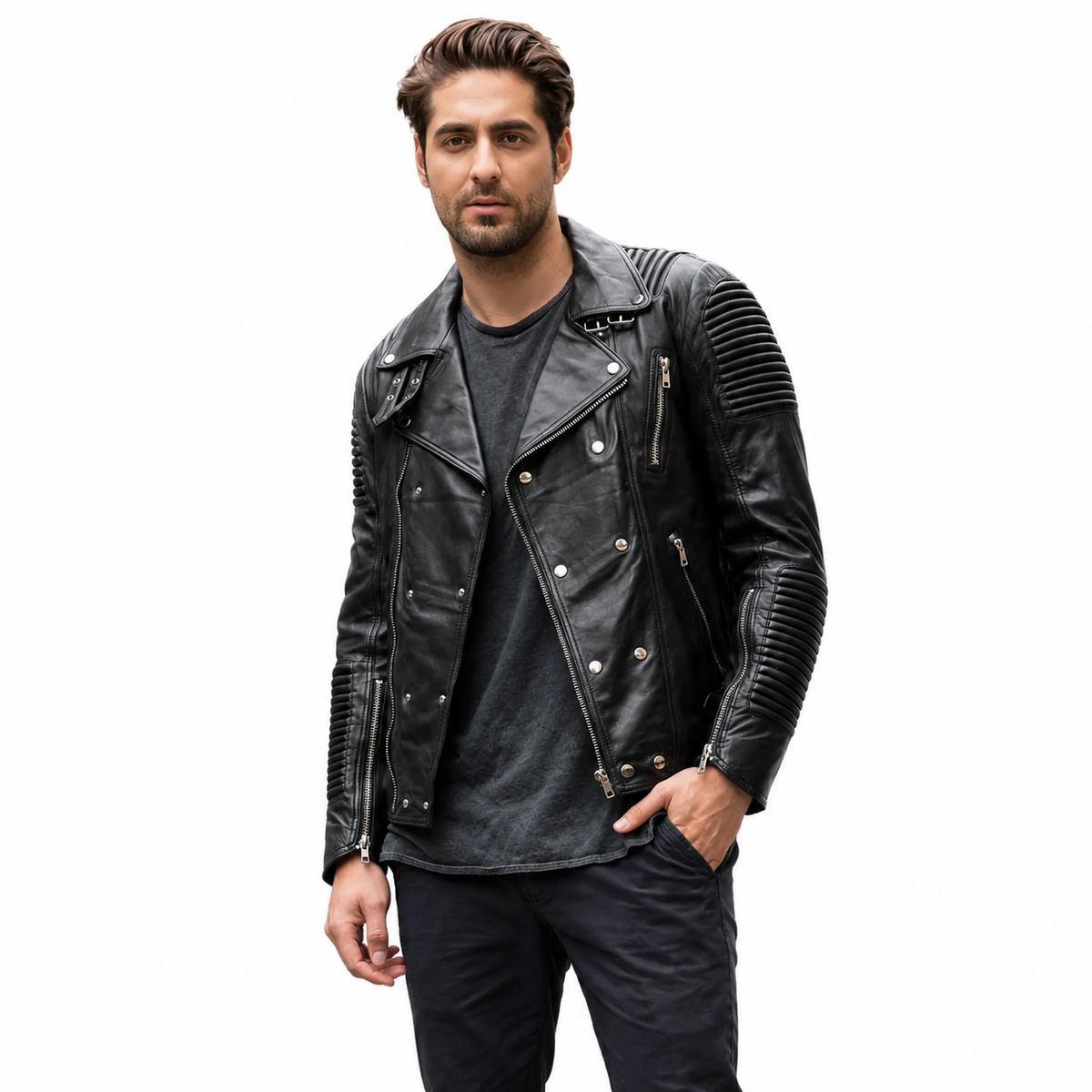 Mens Black Slim Fit Motorcycle Biker Leather Jacket