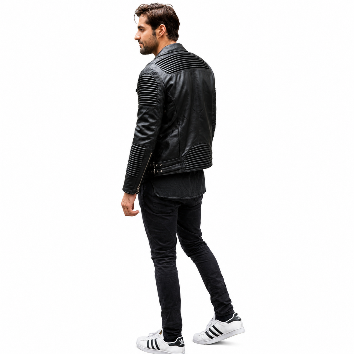 Mens Black Slim Fit Motorcycle Biker Leather Jacket