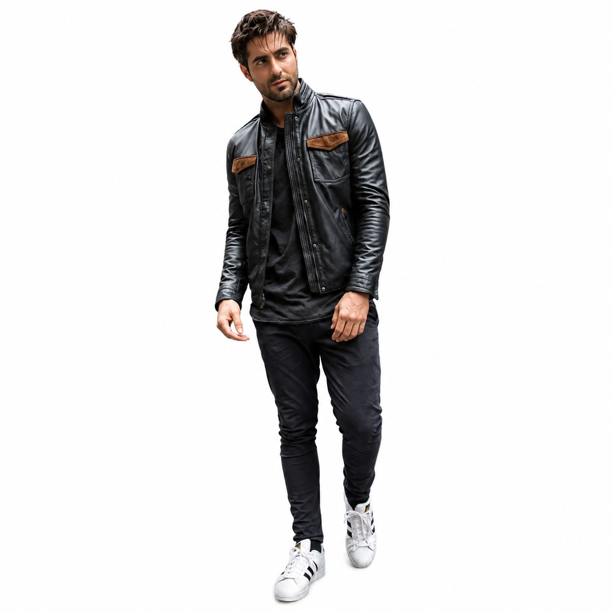 Mens Black - Brown Suede Patch Pocket Genuine Leather Jacket
