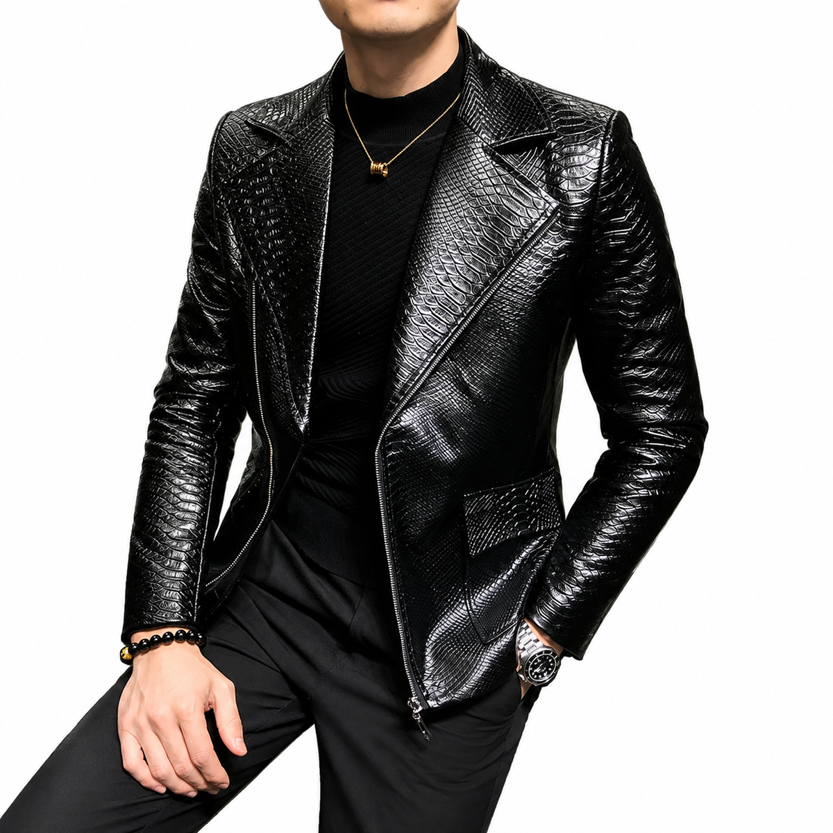 Men's Black Python Embossed Effect Motorcycle Biker Real Leather Jacket
